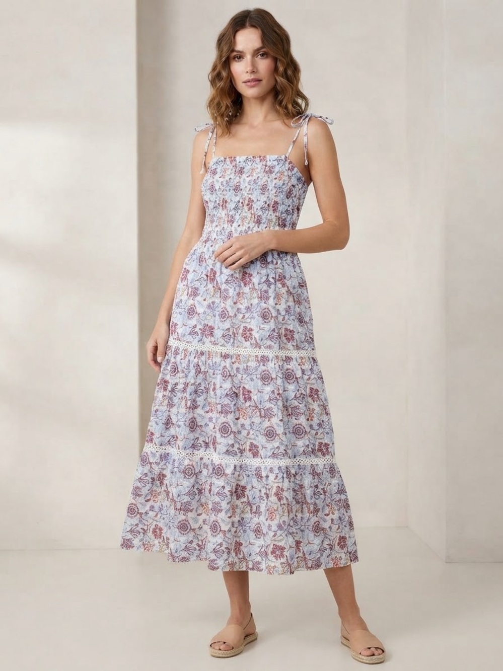 Womens Roller Rabbit Sketched Floral Tie-Shoulder Tiered Maxi A-Line Dress Sz L